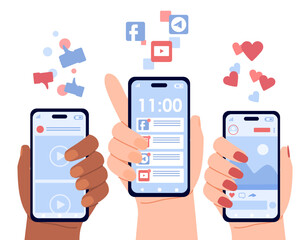 Poster - social life concept. characters holding smartphones with social networks and messengers. internet co