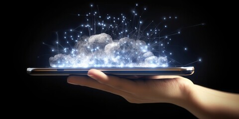 Poster - hand holding mobile with cloud symbol, Cloud Symbol Hovering Over a Mobile Phone in Luminous Sfumato, Showcasing Technological Marvels and Exacting Precision in Cloudcore Style