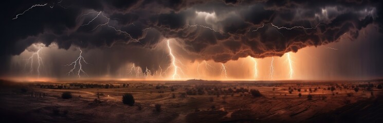 Fototapete - Dark cloudy sky before thunderstorm panoramic background. Storm heaven panorama. Generative AI