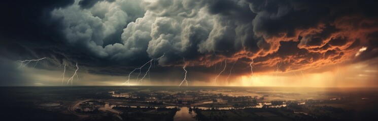 Fototapete - Dark cloudy sky before thunderstorm panoramic background. Storm heaven panorama. Generative AI