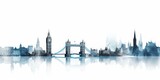Fototapeta Londyn - panorama of london pencil, Silhouette of London Skyline in Black-and-White Pencil Drawing, Highlighting Iconic Landmarks like London Eye, Big Ben, and Swiss Re Tower against a Serene White Background