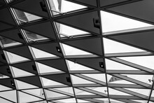 Black And White Tone, Interior View Of Triangular Pattern Of Aluminium Cladding Facade.  