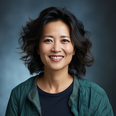 Portrait of smiling middle aged Asian woman with black hair on gray background. Happy middle aged Asian woman with smile and wavy hair in casual clothes. Cheerful Chinese woman with shiny white teeth