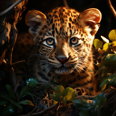 Wall Mural - Sweet leopard cub in the outdoors Generative AI