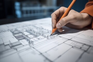 Poster - architect working on blueprint, Architecture: Architects Hand on Plans Creates a Vision in Orange and Indigo, White Office, Inspiring Skyscraper