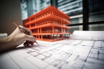 Poster - architect working on blueprint, Architecture: Architects Hand on Plans Creates a Vision in Orange and Indigo, White Office, Inspiring Skyscraper