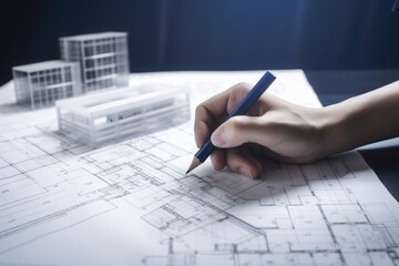 Poster - architect working on blueprint, Architecture: Architects Hand on Plans Creates a Vision in Orange and Indigo, White Office, Inspiring Skyscraper