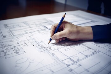Poster - architect working on blueprint, Architecture: Architects Hand on Plans Creates a Vision in Orange and Indigo, White Office, Inspiring Skyscraper