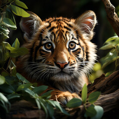 Wall Mural - Sweet tiger cub in the middle of nature Generative AI
