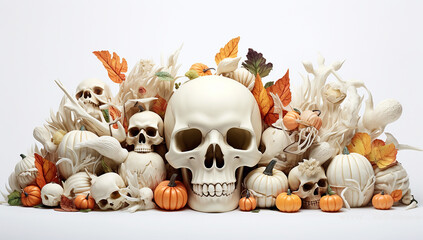 Wall Mural - Skulls and pumpkins and fall leaves with a white background