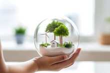 A Transparent Toy Glass Snow Globe With A Miniature Landscape Of Nature, Trees, A House And A Tiny Wind Turbine Inside In A Child's Hand. The Concept Of Ecology, Climate Optimism And Calm