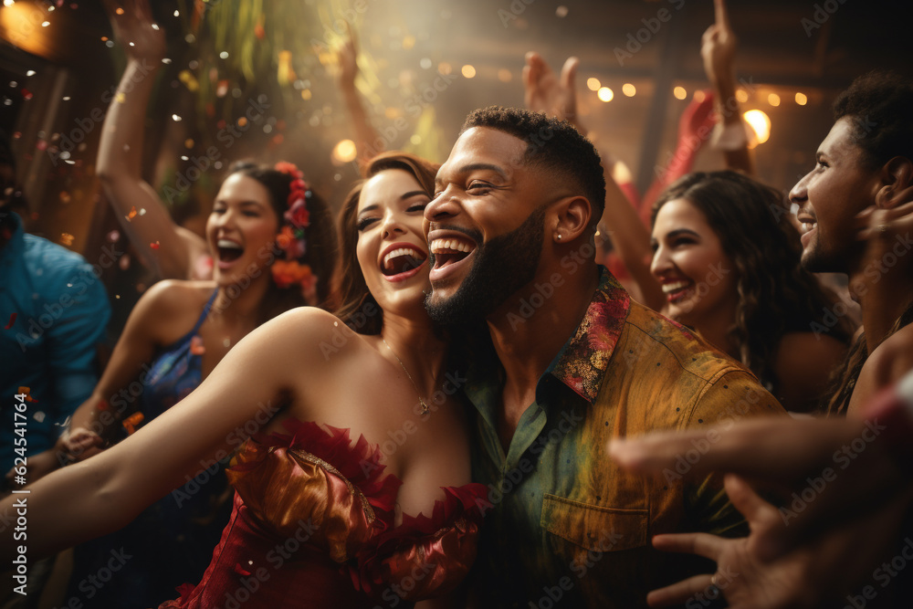 Nightlife Latin party, Celebration entertainment, dancing disco, reggaeton cumbia. traditional latin argentinian dance milonga, tango salsa bachata kizomba. Bright outfits, fun celebrate Carnaval