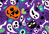 Fototapeta Pokój dzieciecy - Halloween cartoon pumpkins and cat seamless bones and ghost and mushrooms and poison pattern for wrapping