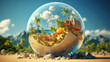 © jr-art - a transparent round sphere with a tropical island inside on a sandy beach. Generative AI