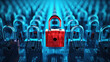 Cybersecurity Breach, Red Padlock Unlocked Among Blue Ones in Rows