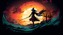  Silhouette Of A Witch Holding Her Broomstick - Illustration In Halloween Colors With A Full Moon - Generative AI