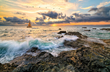 Wall Mural - Sunset Sailboat Inspirational Beautiful Nature Ocean Seascape Landscape