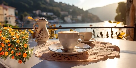 beautiful morning cup of coffee by the sea in Portofino romantic resort at summer holiday 