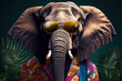Fashionable elephant in sunglasses and colorful suit in tropical rain forest, created with Generative AI