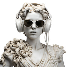 Ancient Female Marble Greek Sculpture Wearing Headphones And Sunglasses, Modern Art, Transparent Background, Png, Ai Generated