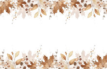 Watercolor Seamless Border On White Background. Orange And Yellow Autumn Wild Flowers, Branches, Maple Leaves And Twigs