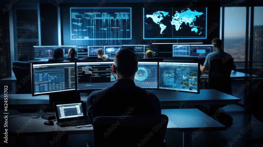 Network Control Officers Network operations center ( NOC) with technicians monitoring network ...