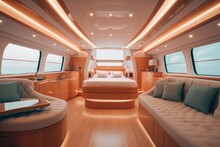 Wide-angle Photo Of An Interior Of A Luxurious Boat Cabin. Luxurious Yacht Cabin,