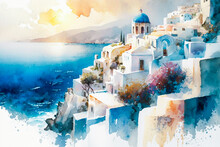 Watercolor Painting Modeled On The Island Of Santorini In Summer. Concept Illustration Of Medieval Greece, The Sea, And Europe In Summer. Made With Generative AI