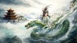 © Be Doa - The Flooding of Jinshan Temple, Lady White Snake Bai Suzhen and Lady Green Snake Xiao Qing, Chinese mythology the Legend of the White Snake, Generative AI