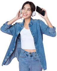 Wall Mural - Young Asian woman wearing headphones dancing and listening to music from smartphone shoot in isolated background