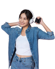 Wall Mural - Young Asian woman wearing headphones dancing and listening to music from smartphone shoot in isolated background