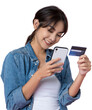 Young beauty Asian woman shopping payment online with credit card on smartphone and she wearing jean and looking at phone isolated background