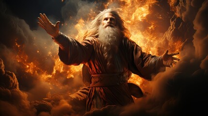 Judgment Day. Angry God stands against the backdrop of blazing fiery sky. Religious apocalypse AI