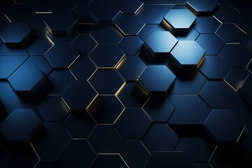 Hexagonal dark blue navy background texture placeholder, radial center space, 3d illustration, 3d rendering backdrop