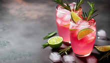 Refreshing Pink Drink Or Cocktail With Ice, Garnished With A Slice Of Lime And Rosemary.