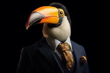 Wall Mural - Anthropomorphic toucan dressed in a suit like a businessman. Business Concept. AI generated, human enhanced