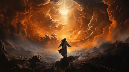 Canvas Print - Judgment Day. Angry God stands against the backdrop of blazing fiery sky. Religious apocalypse AI