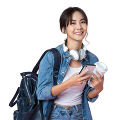 Canvas Print - Portrait of young Asian woman student standing with smartphone coffee and backpack.College Teenager University concept.