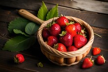 An Overhead View Of Freshly Harvested Strawberries Arranged In A Rustic, Handwoven Basket - AI Generative