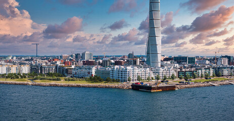 Wall Mural - Beautiful aerial panoramic view of the Malmo city in Sweden. Turning Torso skyscraper in Malmo, Sweden.