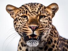 Cute Confused Wild Leopard Portrait And Isolated White Background. Generative AI