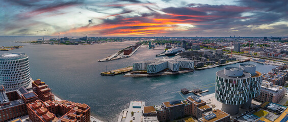 aerial panorama of indre osterbro, nordhavnen districts. new modern district in copenhagen, denmark.