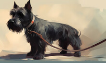 Scottie Dog On A Leash, Black Fur, Watercolor Motif