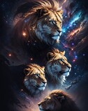 Fototapeta Dziecięca - A family of Lions in the cosmic space of the universe in all its wild fullness. AI generated