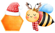 Set Of Beehive With Red Christmas Hat And Little Bee Wearing A Red Scarf With Antler.