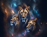 Fototapeta Dziecięca - A family of Lions infinite space of the cosmos in the universe with all its wild fullness and harmony of the kings of animals. AI generated