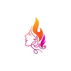Wall Mural - The logo of the face of a beautiful woman with her hair loose like a burning fire, the logo is ready to use