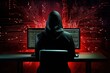 © Kaleb - Silhouette of a man in a sweatshirt working on a computer with lines of code and binary digits around him, representing a hacker in action, Generative AI