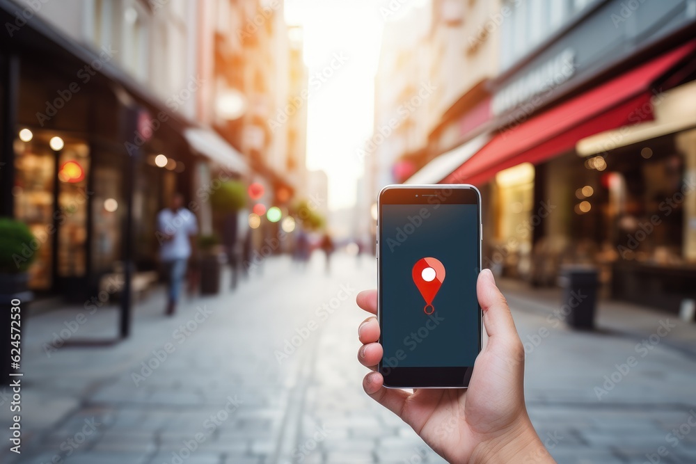 Hand holding smartphone with GPS navigation app and location pin icon ...