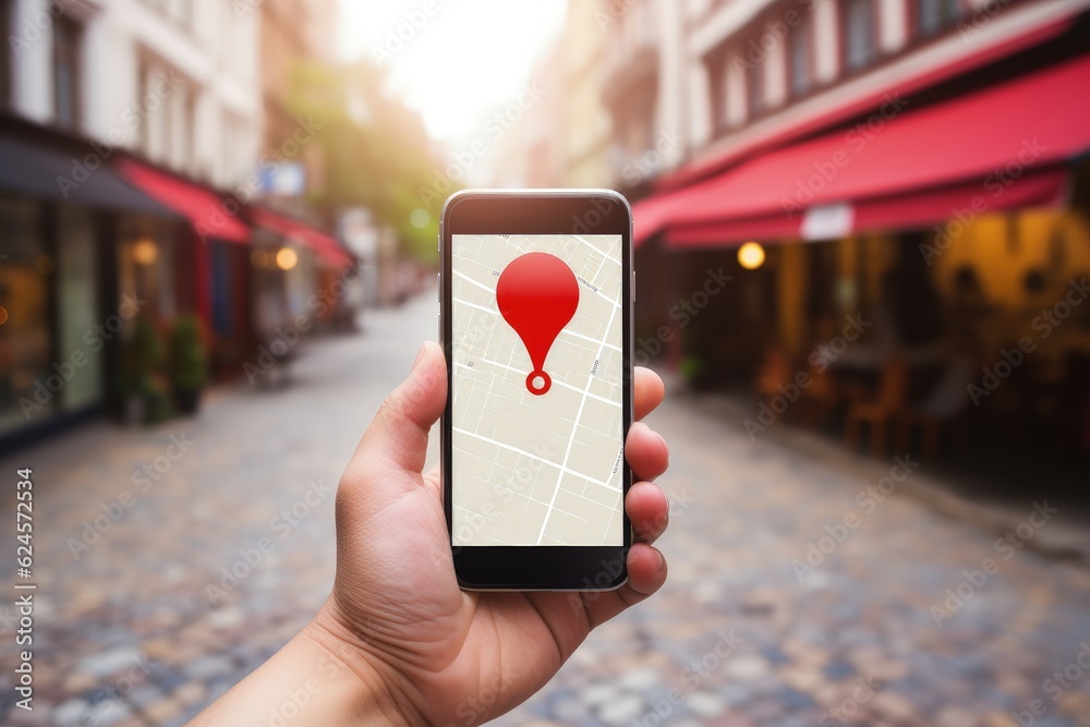 Hand holding smartphone with GPS navigation app and location pin icon ...